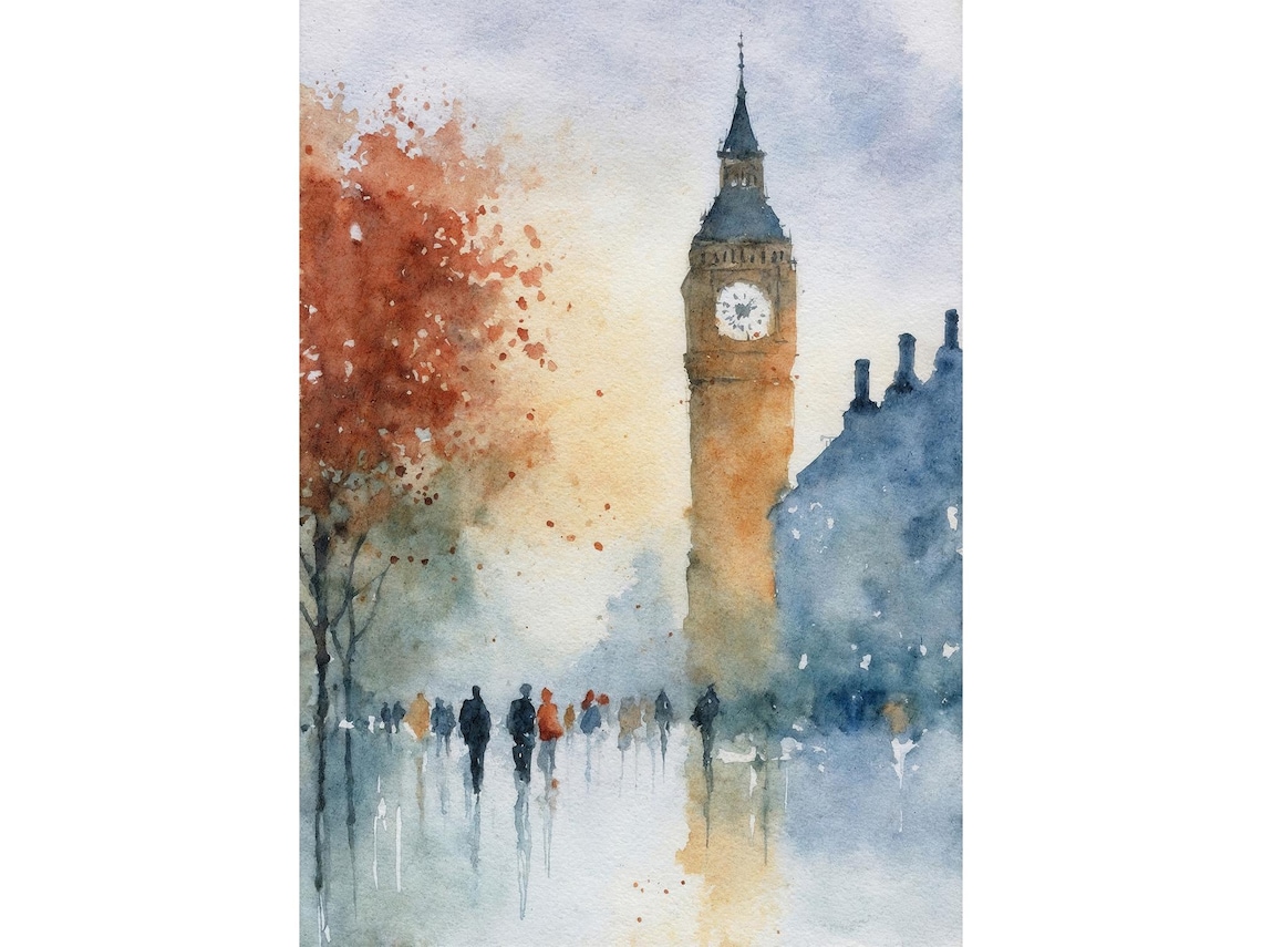 Big Ben London Watercolor Art Print Rainy Autumn Cityscape Wall Decor