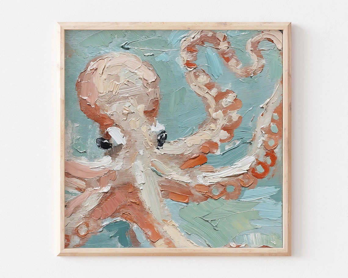 Octopus Impasto Oil Painting Teal Sea Creature Textured Art Print
