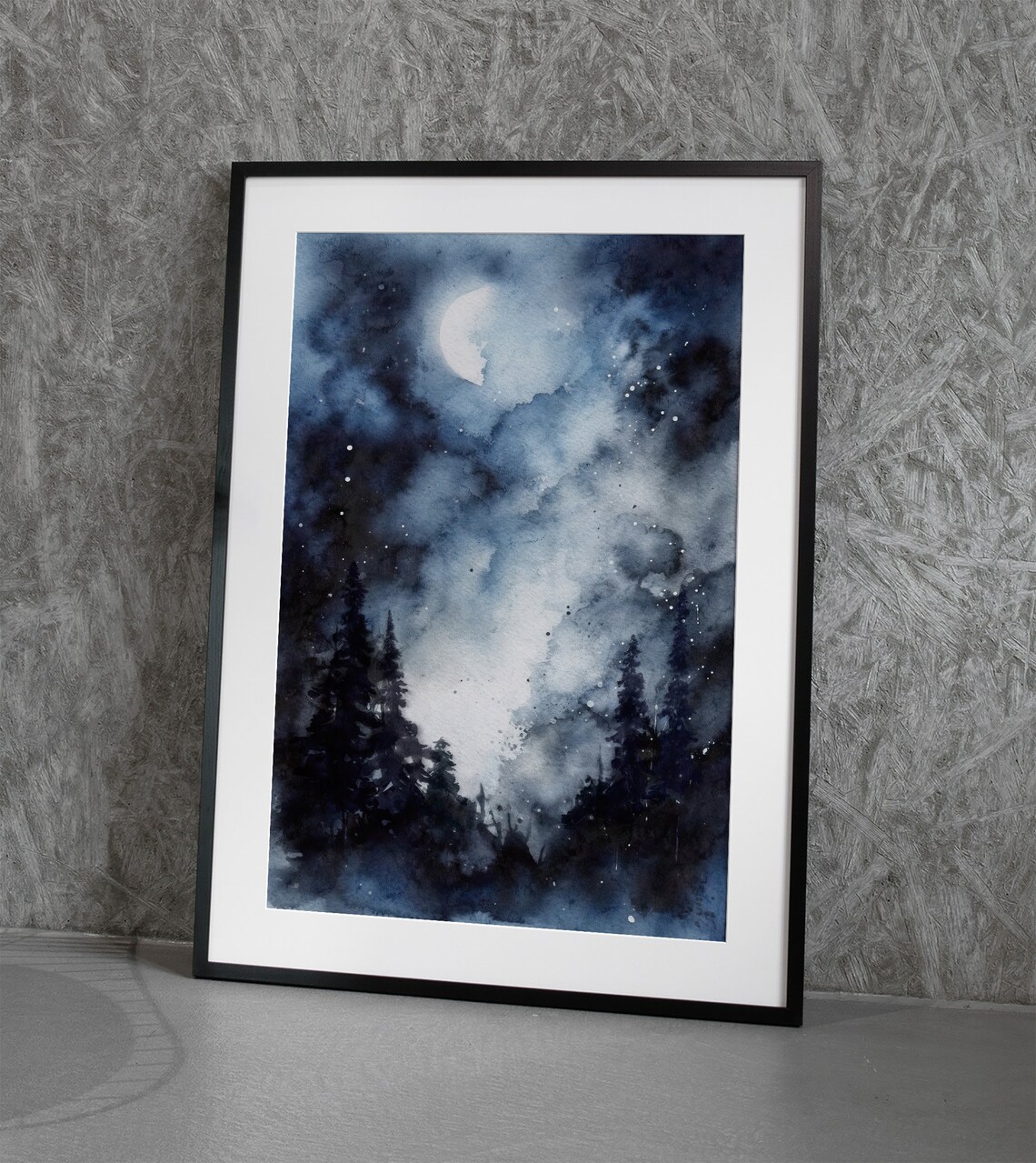 Full Moon Landscape Night Forest Watercolor Pine Trees Wall Art Moon Art Print - Image 2