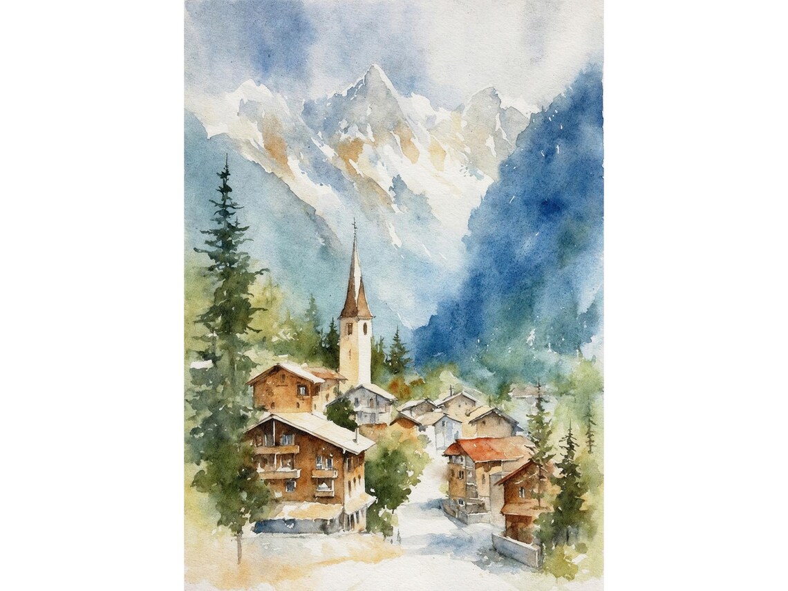 Wengen Watercolor Travel Poster, Switzerland Mountain Countryside