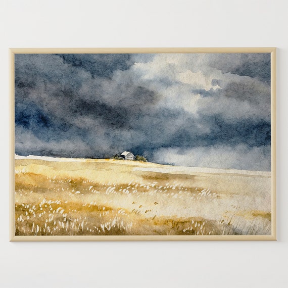 Wheat Field House Watercolor Painting Thunderstorm Landscape Countryside Artwork Neutral Wall Art
