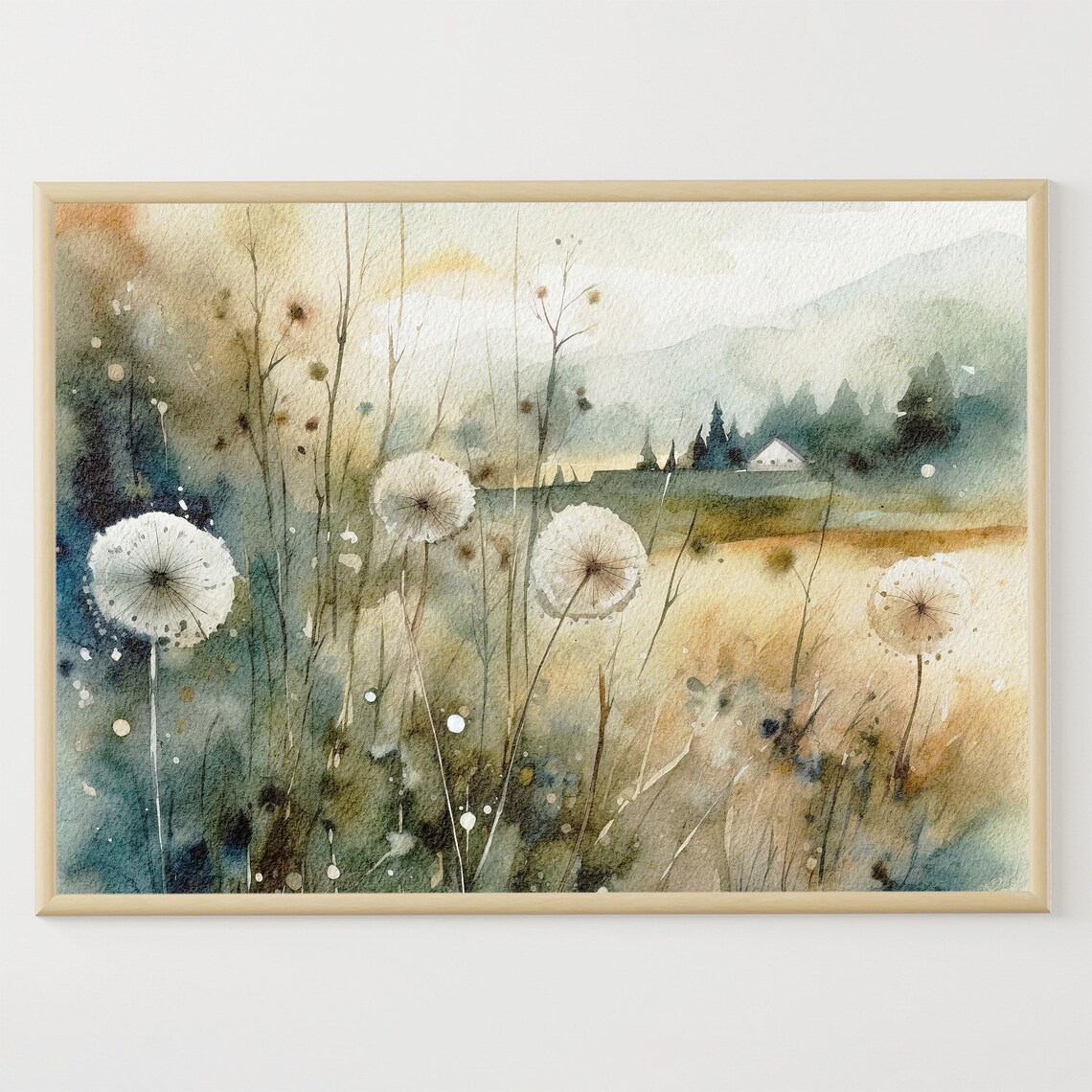 Dandelion Watercolor Countryside Farm Landscape Art Print