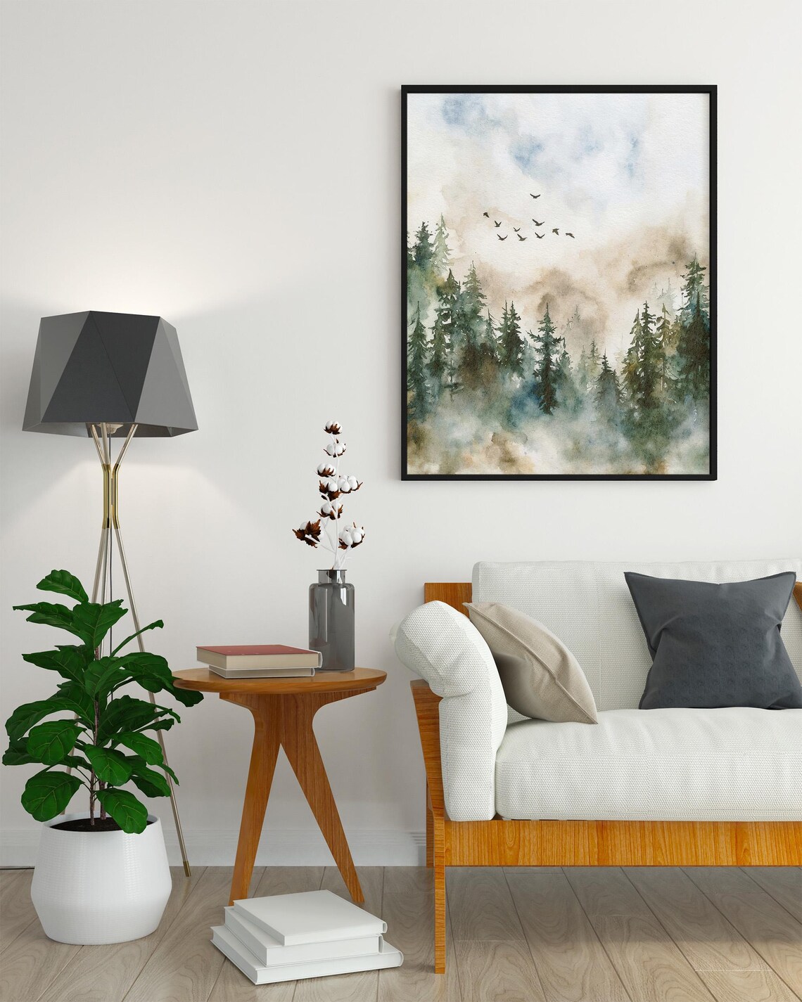 Misty Evergreen Forest Flying Birds Foggy Pine Watercolor Art Poster - Image 3
