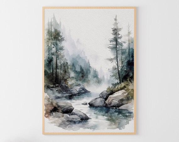 Salmon River Painting Pine Trees Watercolor Print Idaho Forest River Wall Art Mountain River Poster