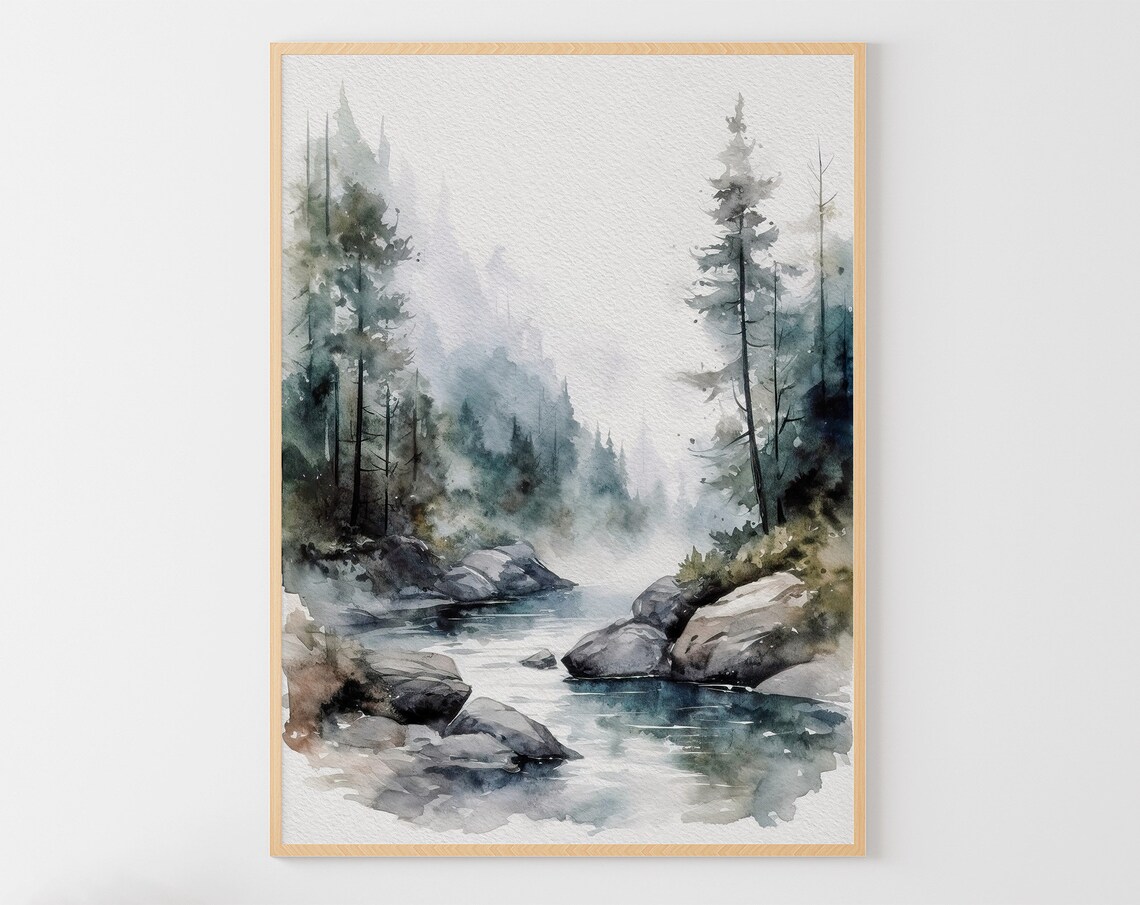 Salmon River Painting Pine Trees Watercolor Print Idaho Forest River Wall Art Mountain River Poster