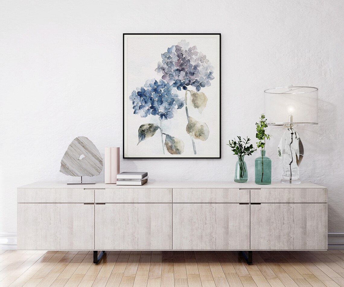 Blue Hydrangea Watercolor Art Print, Neutral Floral - Image 3