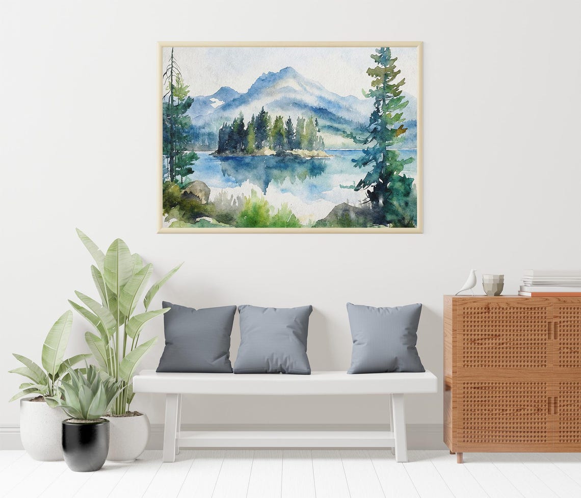 Alpine Mountain Lake Pine Island Reflection Watercolor Scenic Poster - Image 4