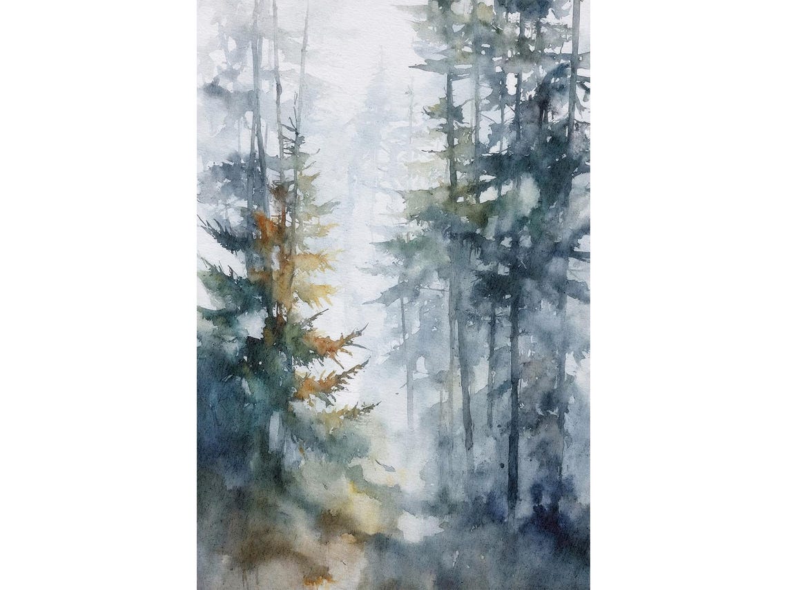 Misty Watercolor Pine Forest Blue Green Foggy Trees Wall Poster