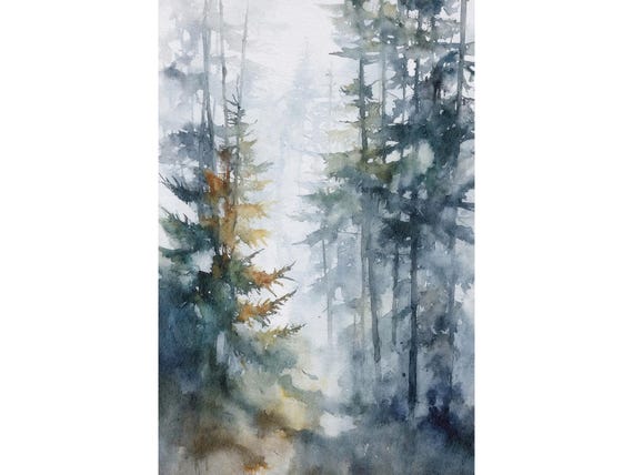 Pine Tree Watercolor Print Forest Painting Evergreen Wall Art Blue Beige Decor Pines Artwork