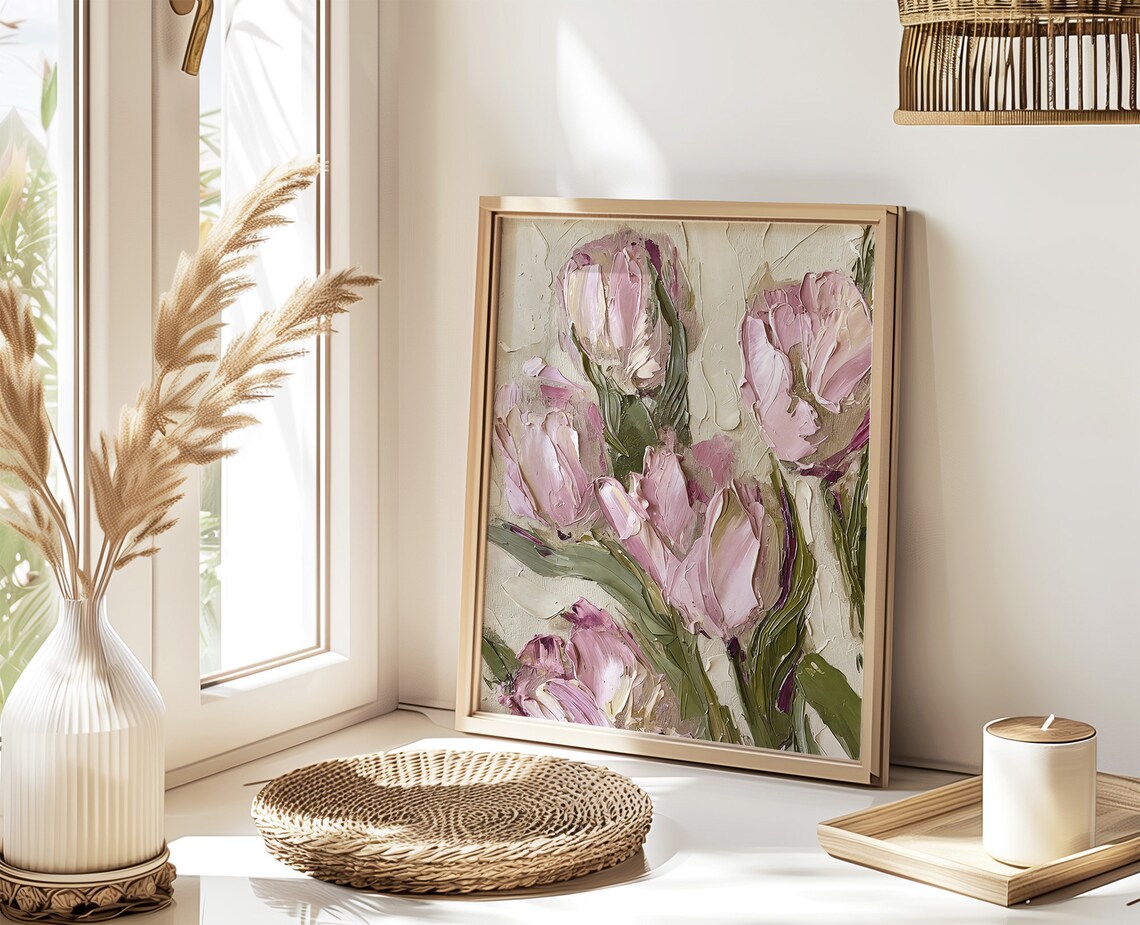 Pink Tulips Oil Painting, Neutral Farmhouse Art Print - Image 3