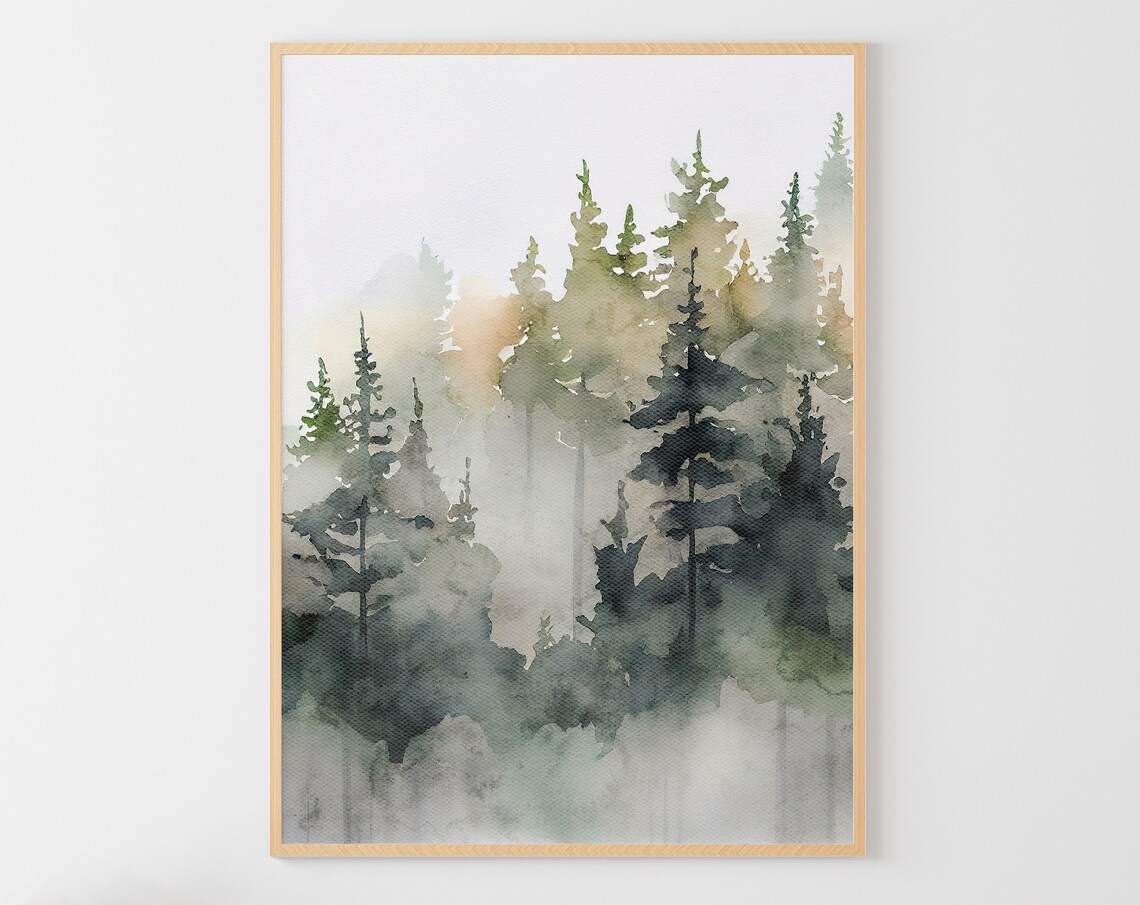 Misty Forest Watercolor Pine Trees Poster Print
