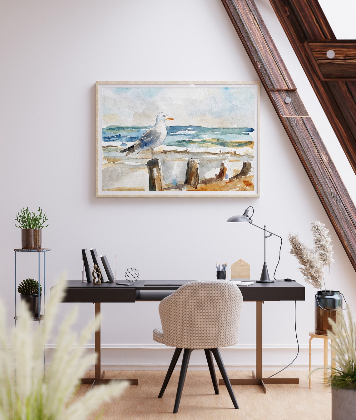 Seagull Perched on Wooden Pier Post Beach Waves Watercolor Art Print - Image 2