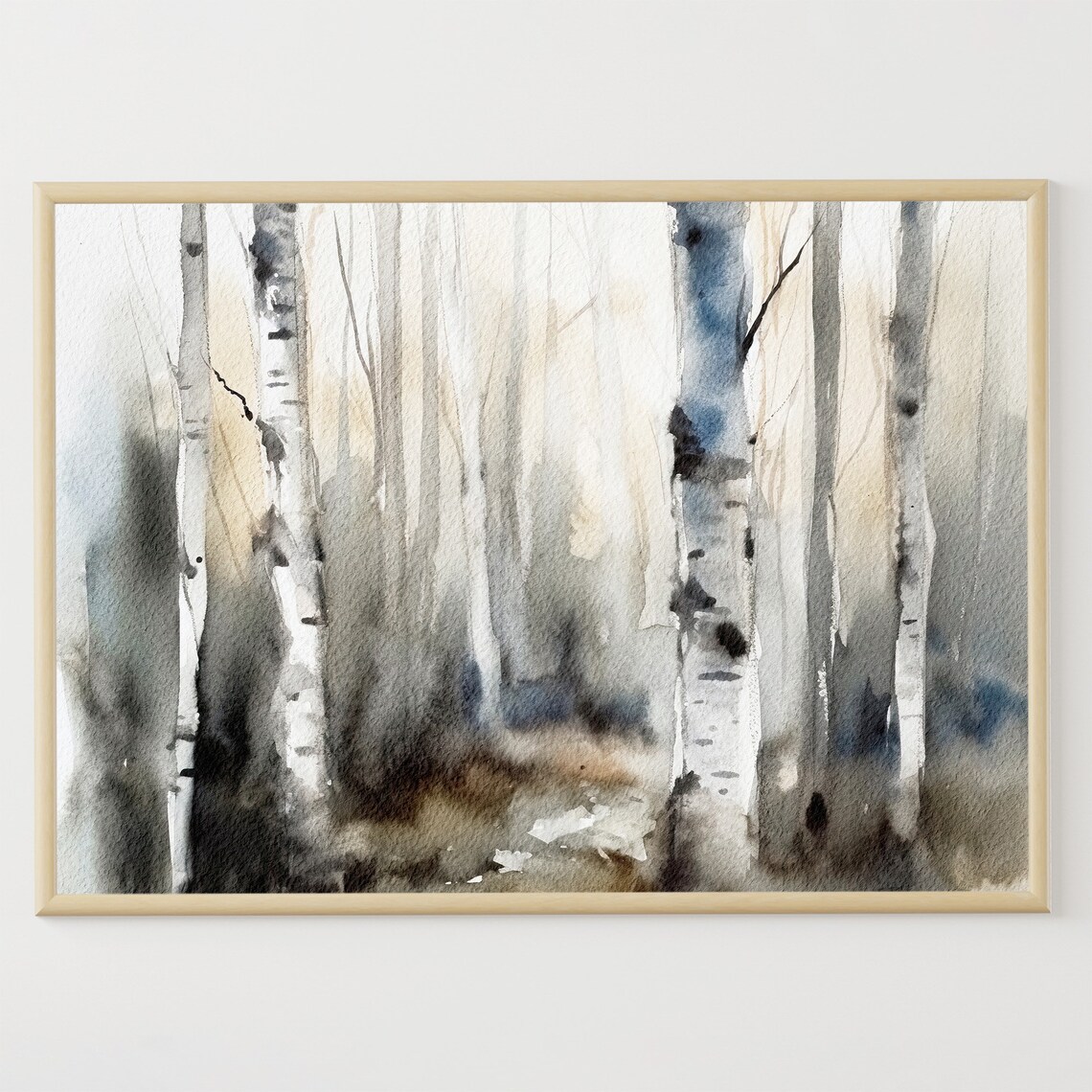Birch Trees Watercolor Art Print, Misty Forest Landscape