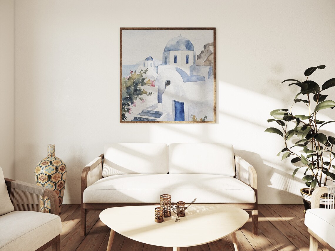 Blue Roofs of Santorini, Greek Watercolor Art Print - Image 5