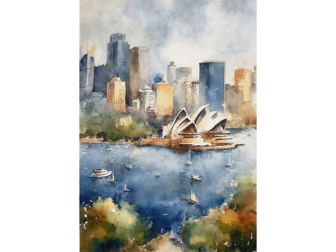 Sydney Opera House Watercolor Art Print Australia Harbor Skyline View