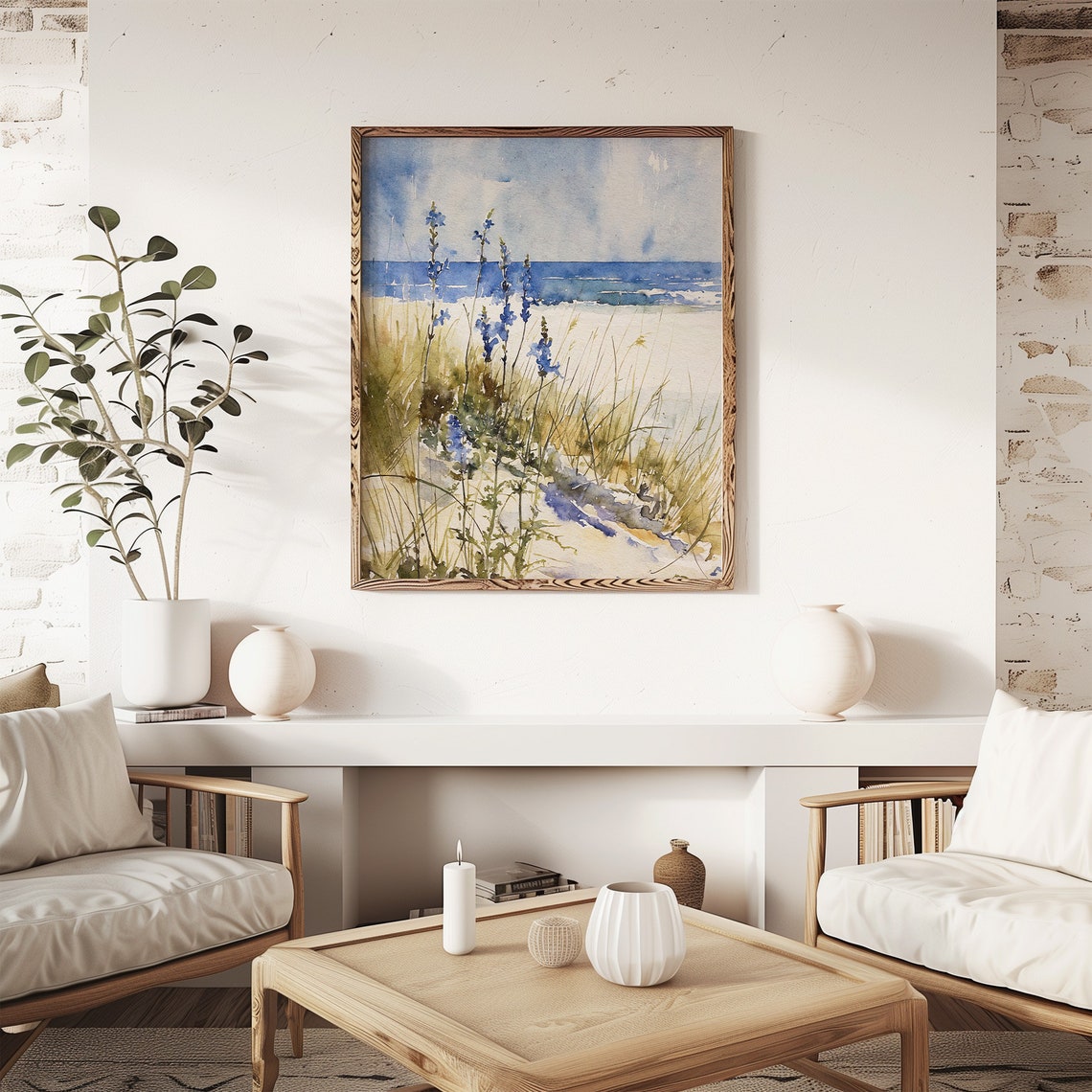 Blue Wildflowers Beach Dunes Ocean Shoreline Watercolor Coastal Poster - Image 4