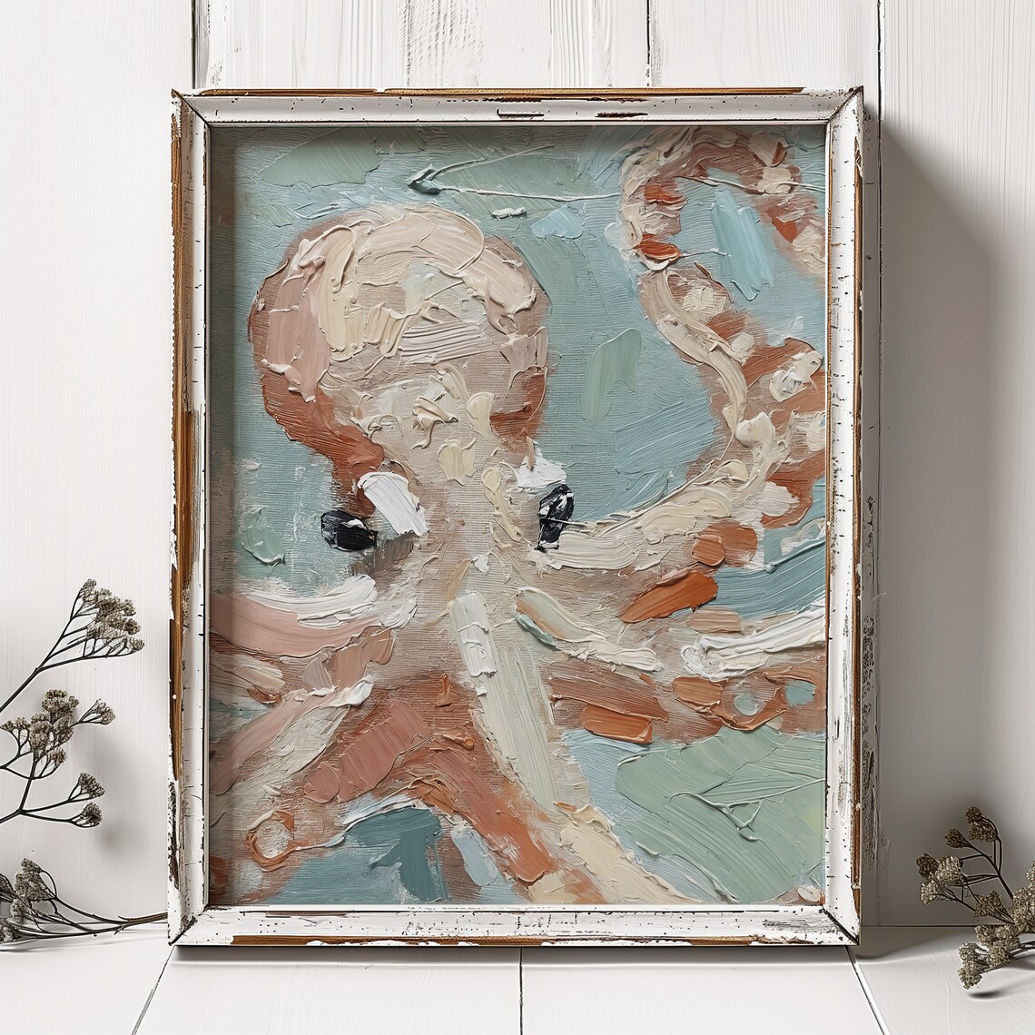 Octopus Impasto Oil Painting Teal Sea Creature Textured Art Print - Image 2