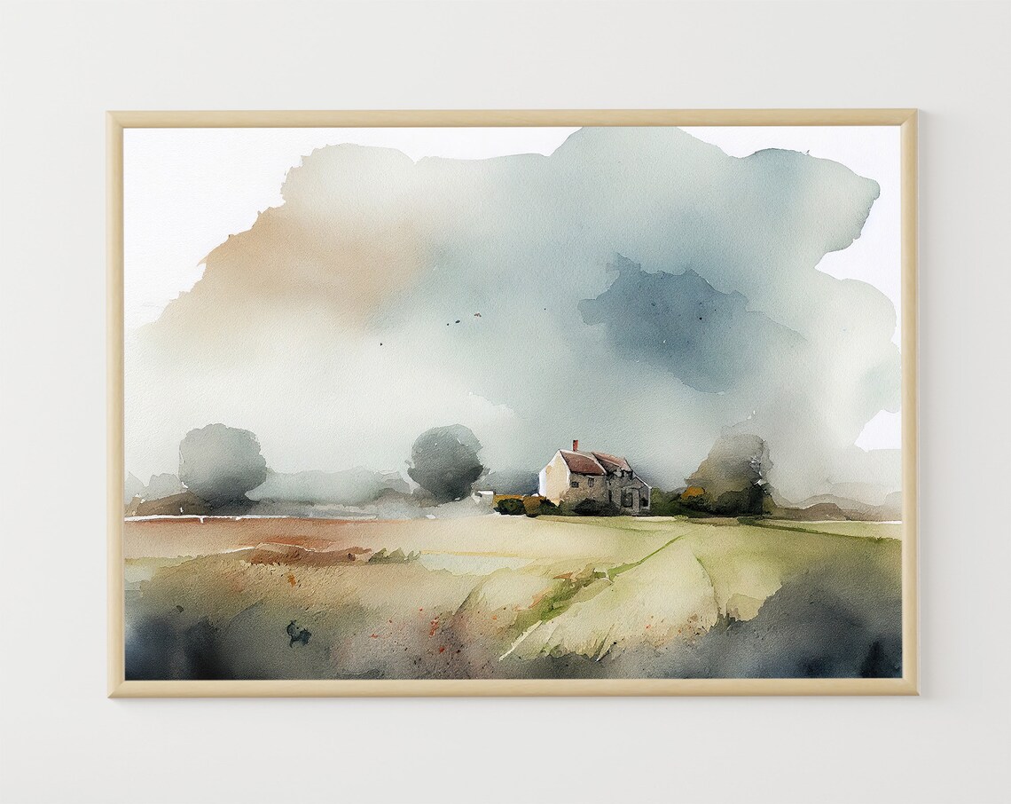 Countryside Farmhouse Watercolor Country Landscape Art Print