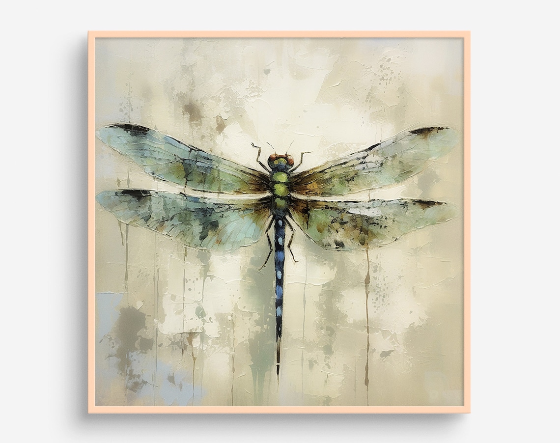 Green Dragonfly Oil-Painting Style Wall Art Print
