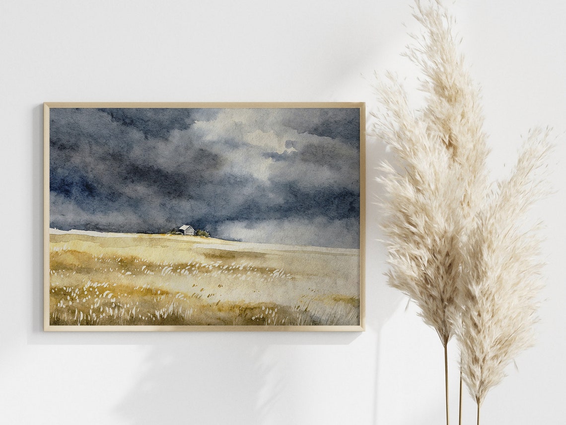 Golden Wheat Field Stormy Sky Lonely Barn Countryside Art Poster - Image 3