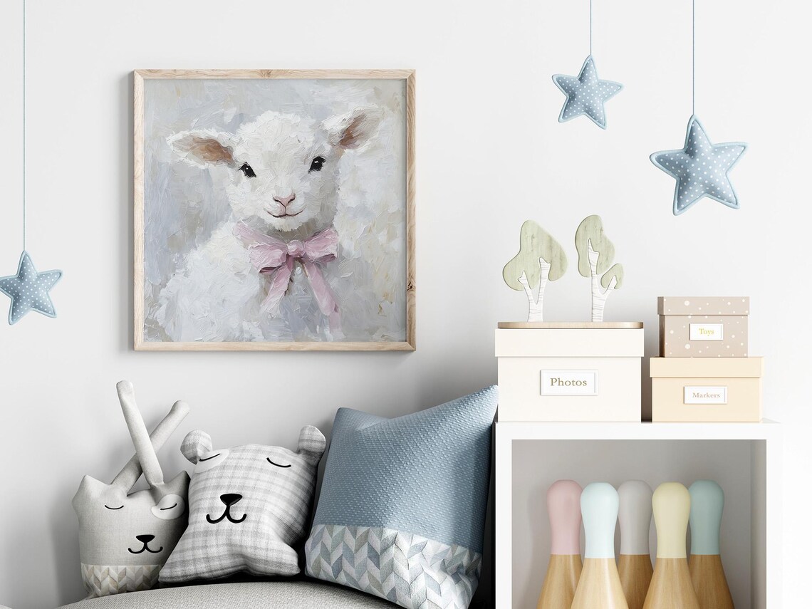 Cute Lamb Oil Painting, Pink Bow Kids Room Art Print - Image 2