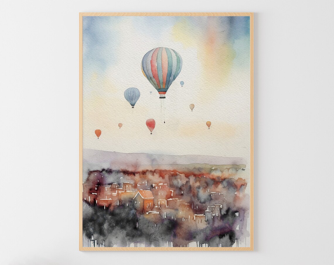 Hot Air Balloon Over Town, Watercolor Travel Poster