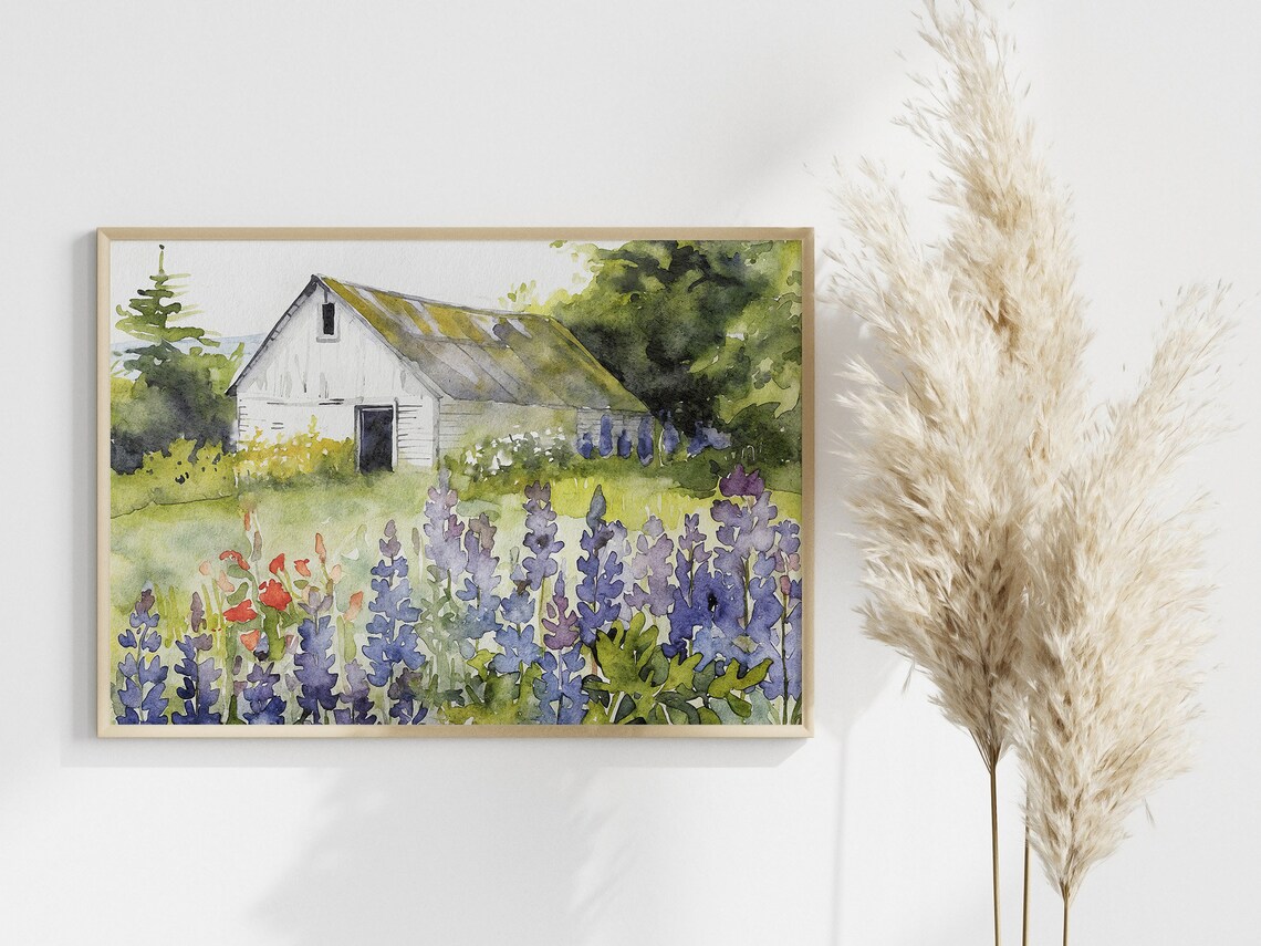 Bluebonnets Field and White Barn Watercolor Art Print - Image 3