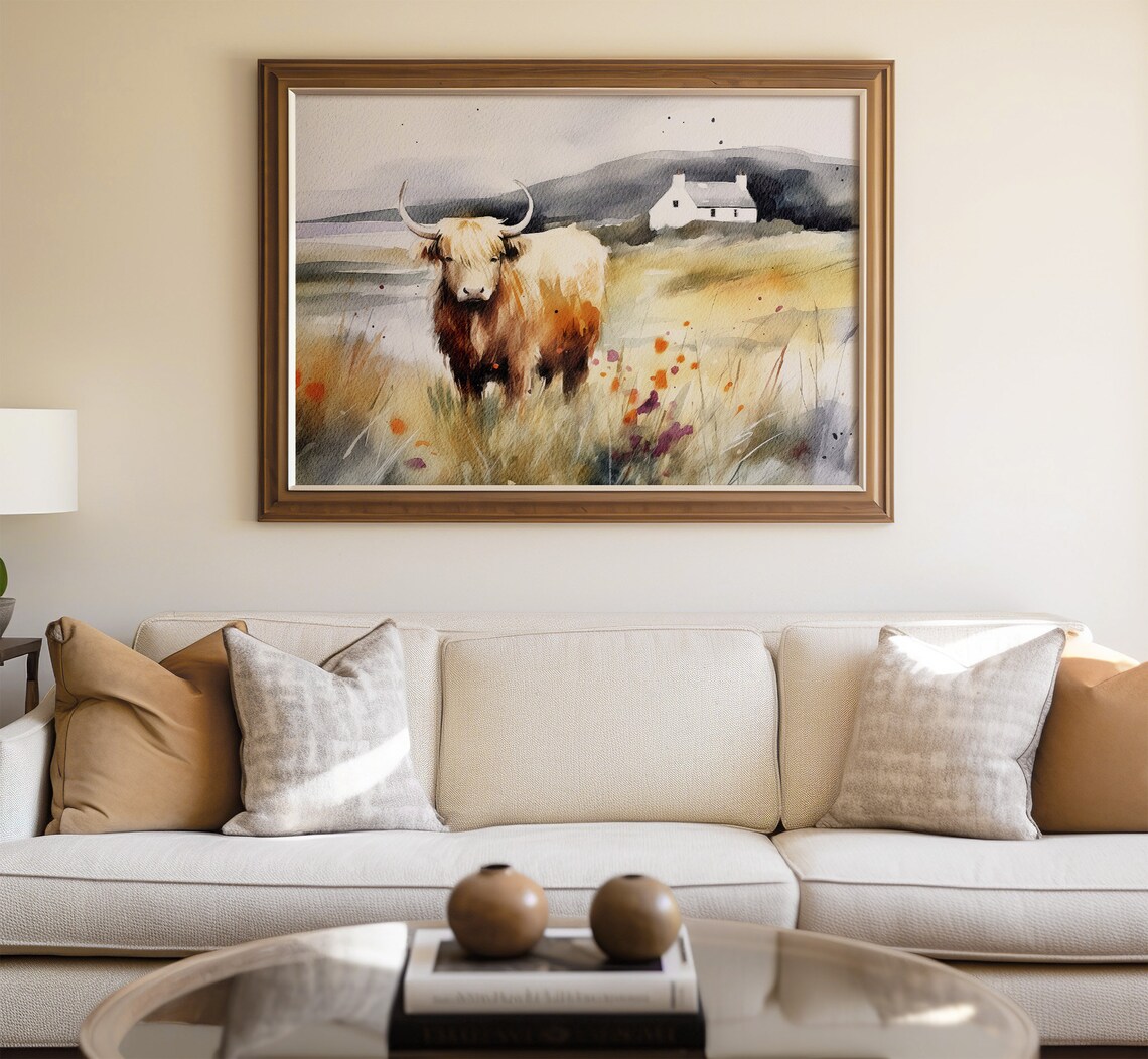 Highlands Cow Watercolor Art Print, Scotland Landscape - Image 4