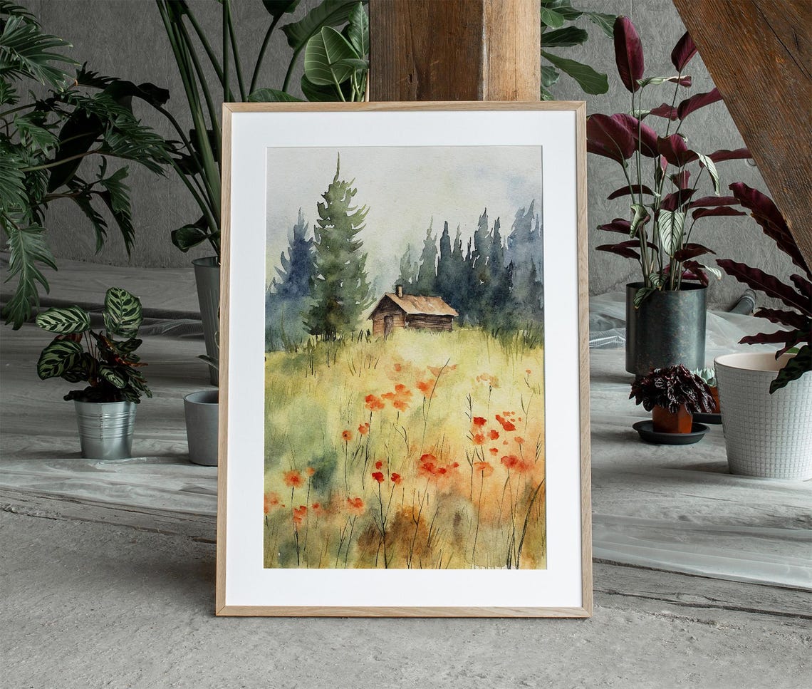 Forest Cabin Meadow Orange Poppies Pine Trees Watercolor Scenic Poster - Image 3
