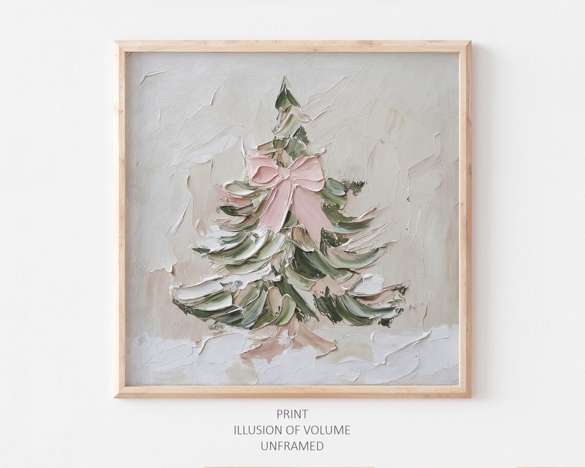 Christmas Tree Oil Print With Pink Bow, Holiday Poster