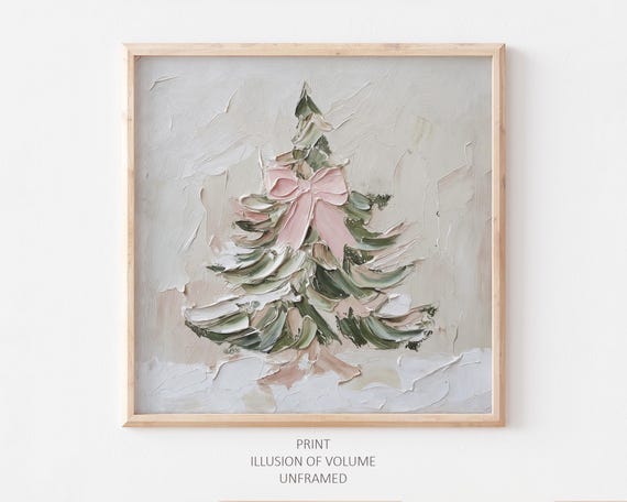 Christmas Tree Oil Print With Pink Bow, Holiday Poster