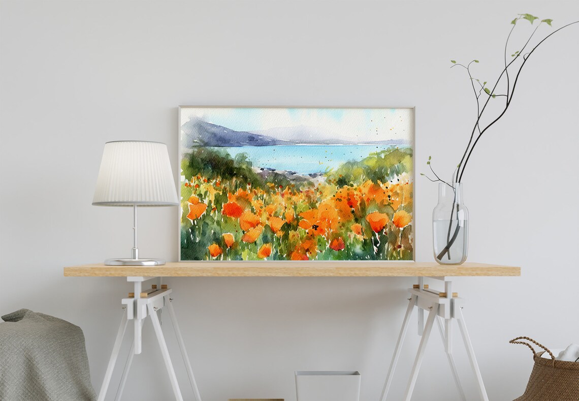 California Orange Poppies Coastal View Watercolor Wildflower Field Poster - Image 2