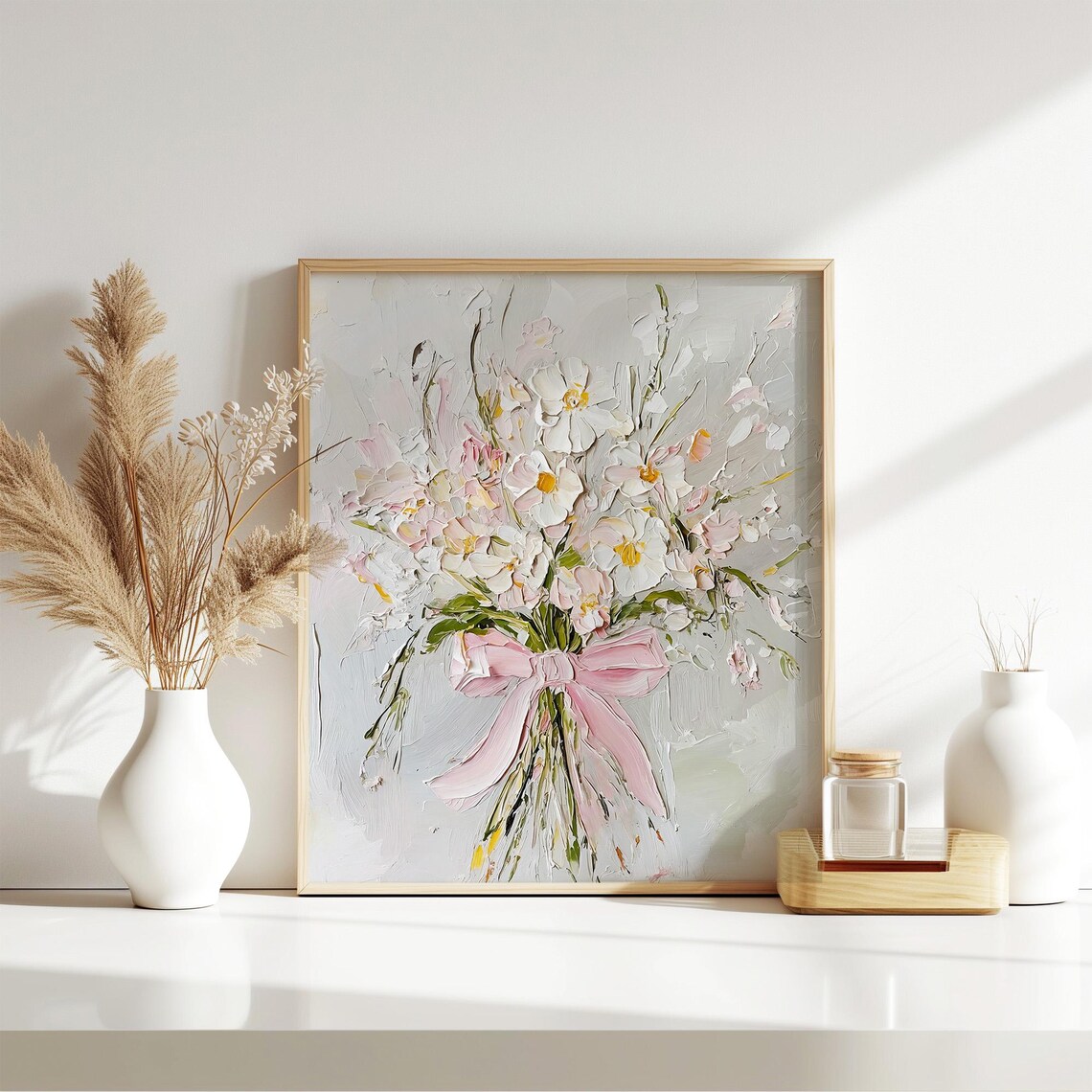 Wildflowers With Pink Bow, Neutral Beige Art Print - Image 5