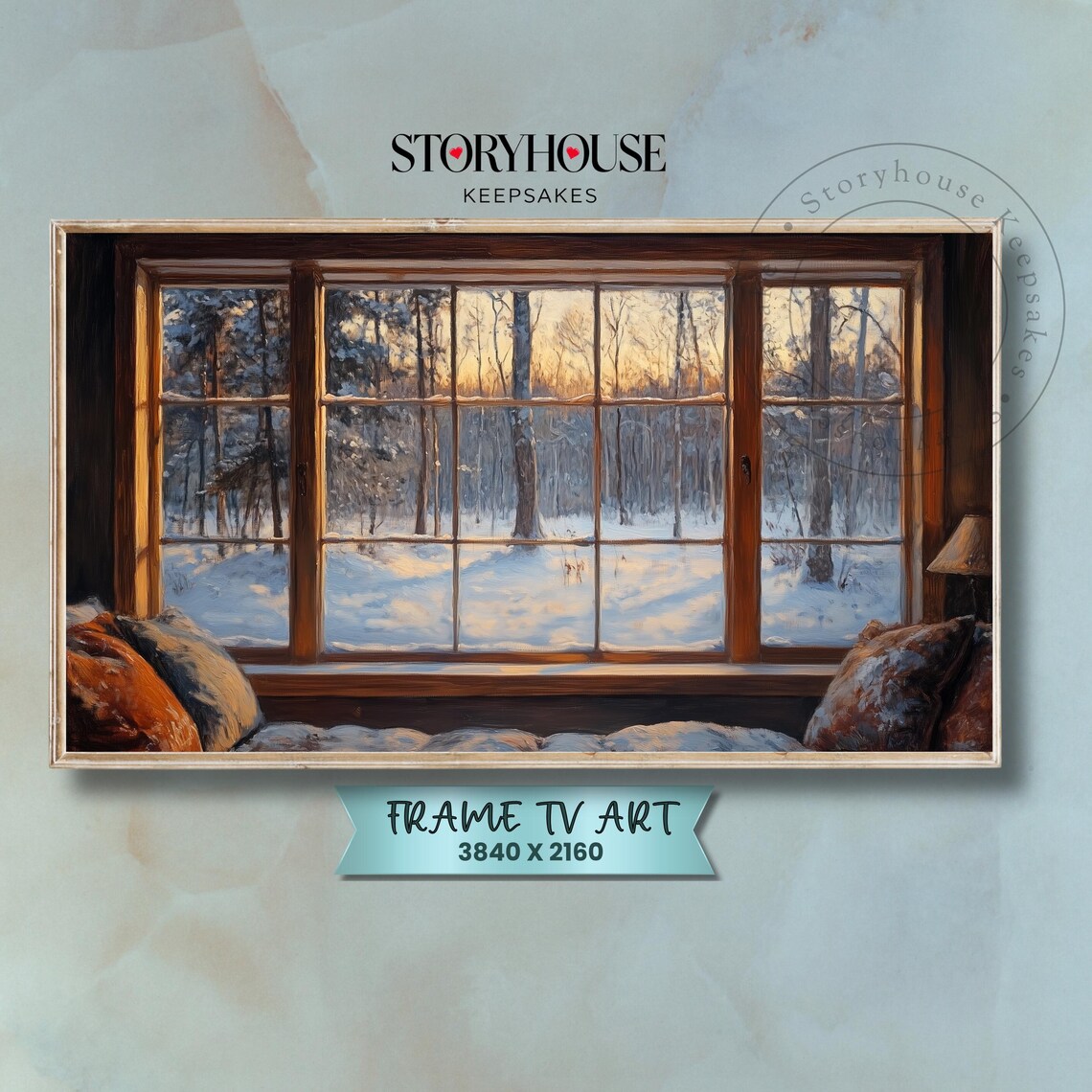 Cozy Lodge Window View Snowy Forest Winter Sunrise Impressionist Wall Art