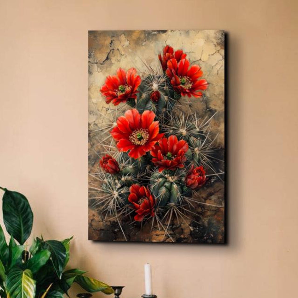 Red Blooming Cactus Flowers Textured Earthy Southwestern Art Poster