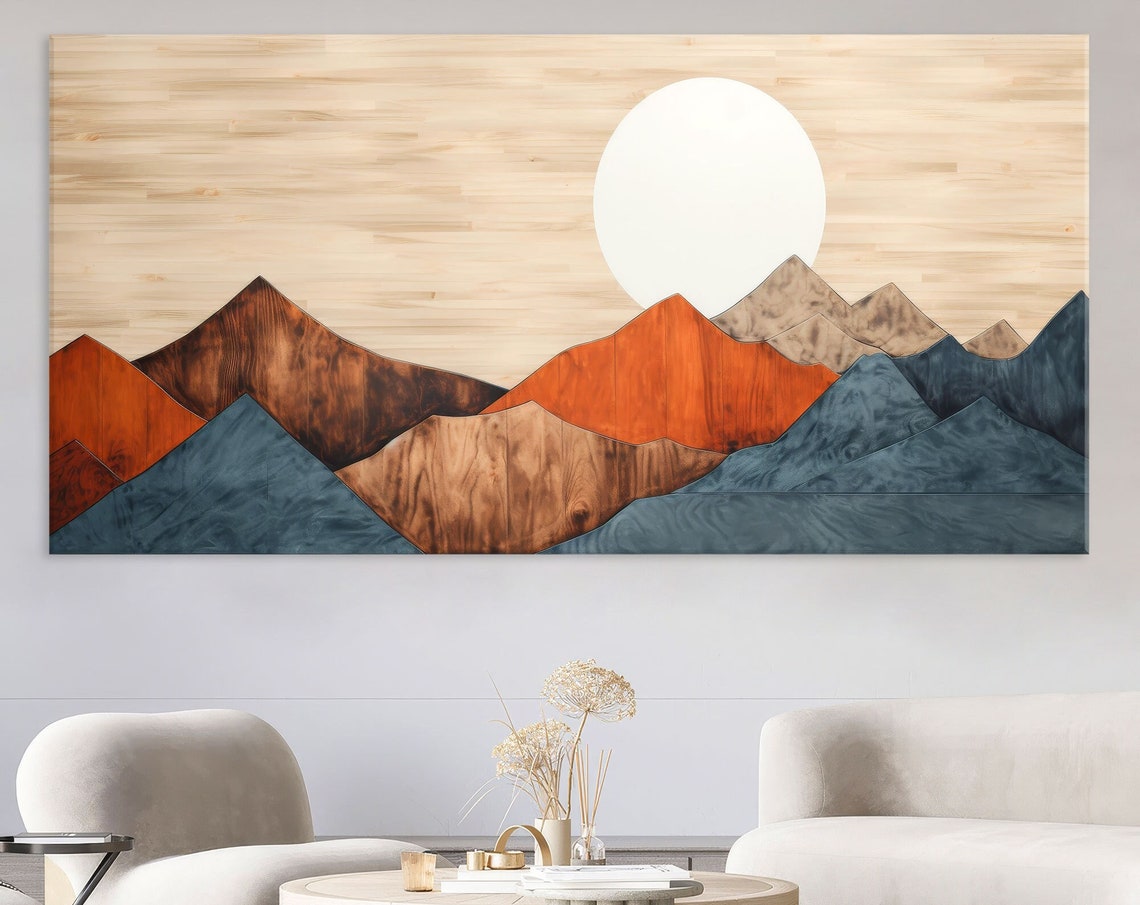 Minimalist Wood Panel Mountain Poster with White Sun in Rust and Teal