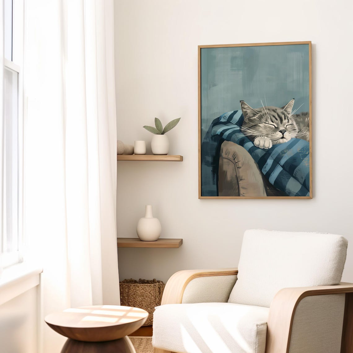 Sleeping Gray Cat Curled Up on a Blue Striped Blanket Poster - Image 3