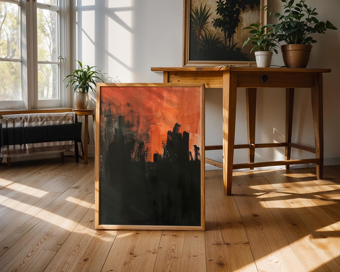 Abstract Black Crimson Silhouette Sunset Modern Painting Poster - Image 2