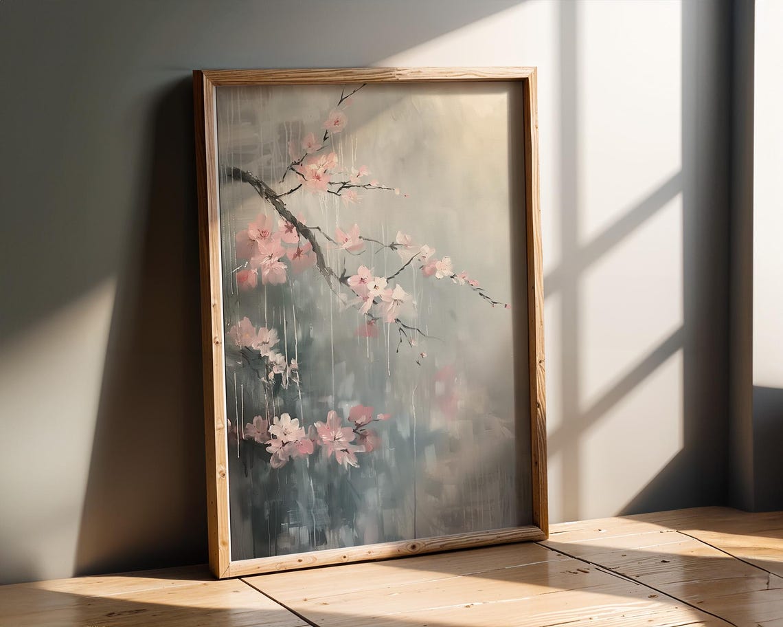 Cherry Blossom Branch Misty Rain Vintage Oil Painting Poster - Image 3