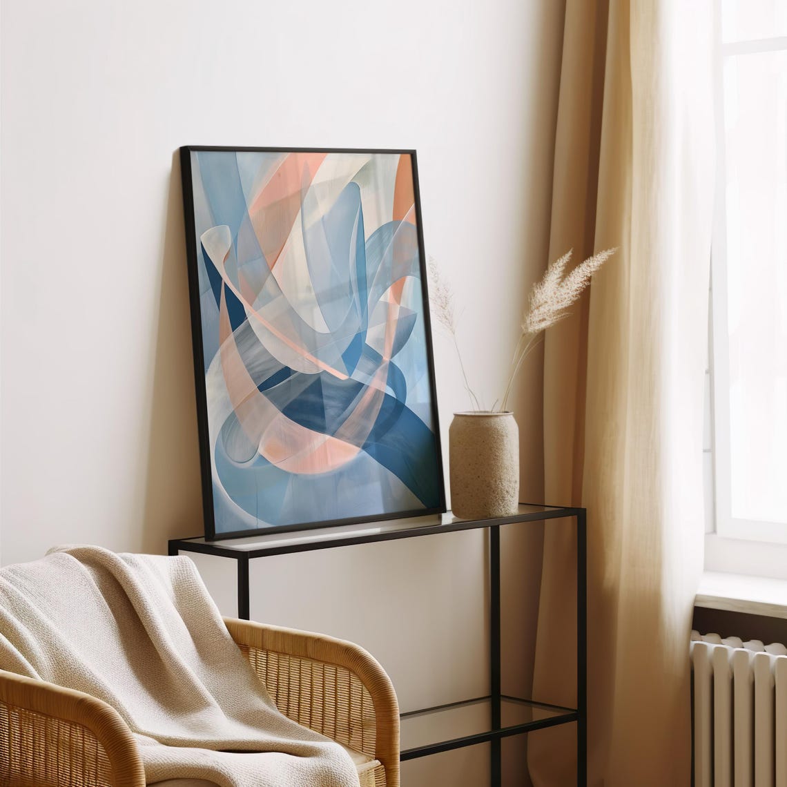 Abstract Swirls of Translucent Blue and Peach Silk Ribbon Waves Poster - Image 2