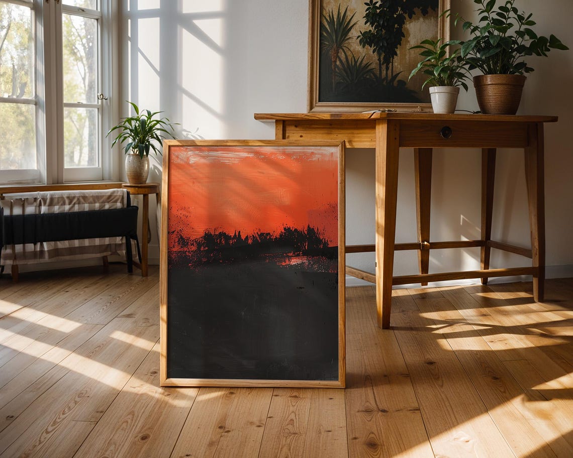 Abstract Orange Black Sky Horizon Brushstroke Modern Art Poster - Image 3