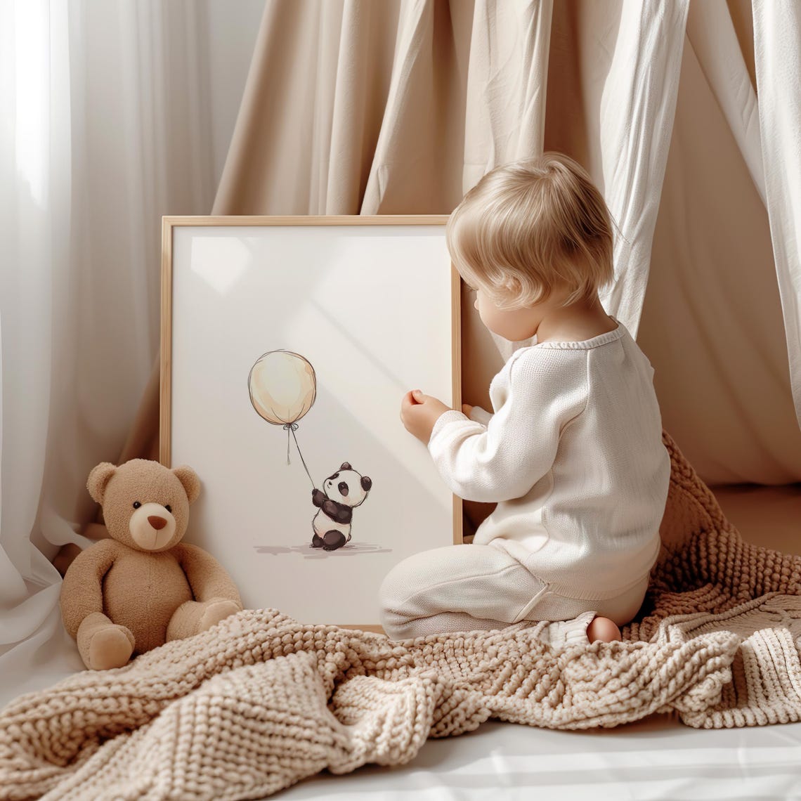 Baby Panda Holding a Cream Balloon in Minimal Watercolor Style Poster - Image 3