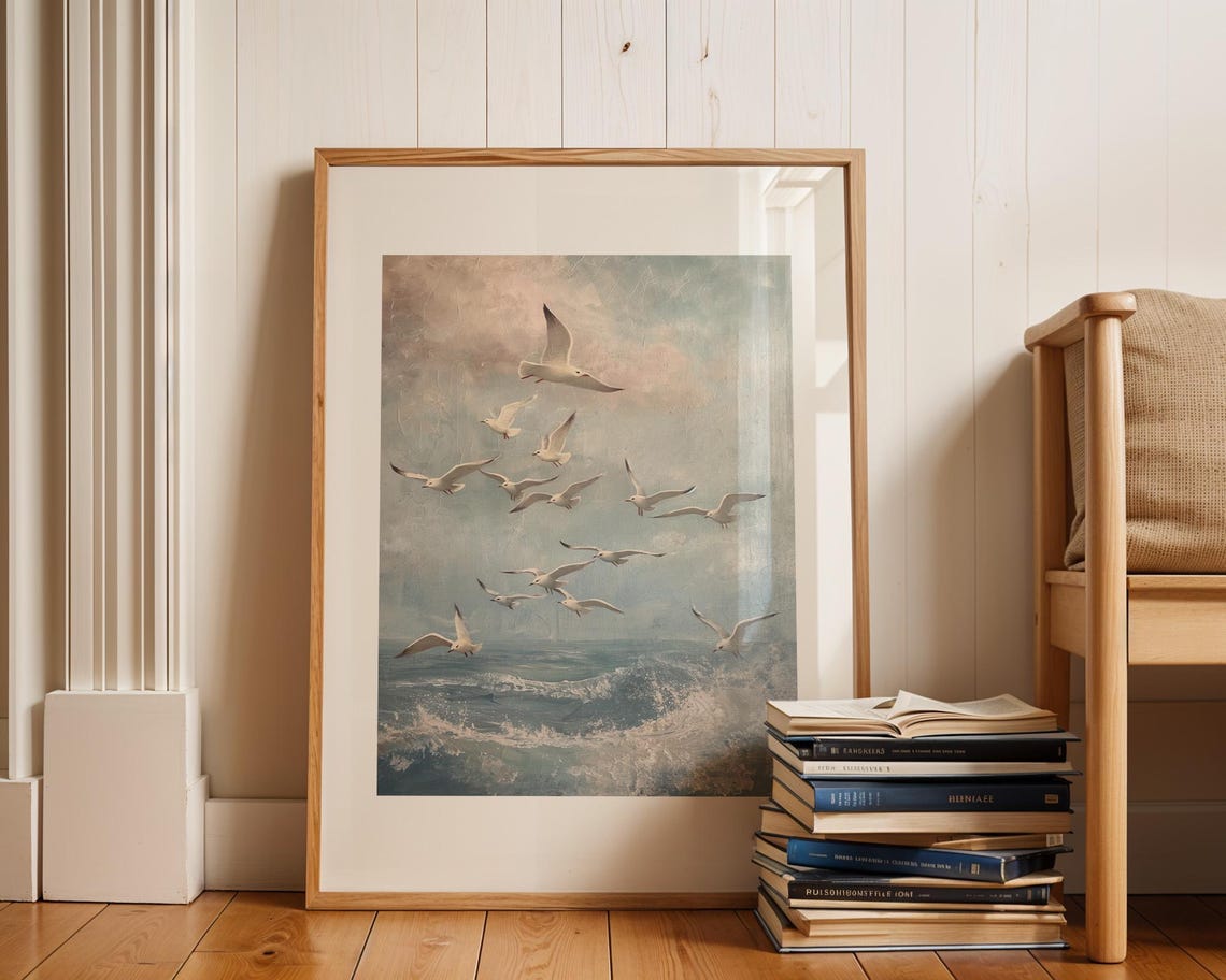Flock of White Seagulls Flying Over Crashing Ocean Waves Poster - Image 3