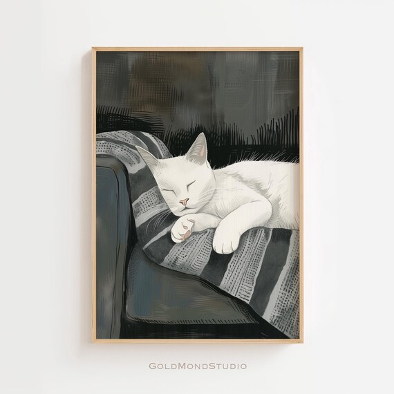 Sleeping White Cat On Dark Gray Striped Armchair Decor Poster