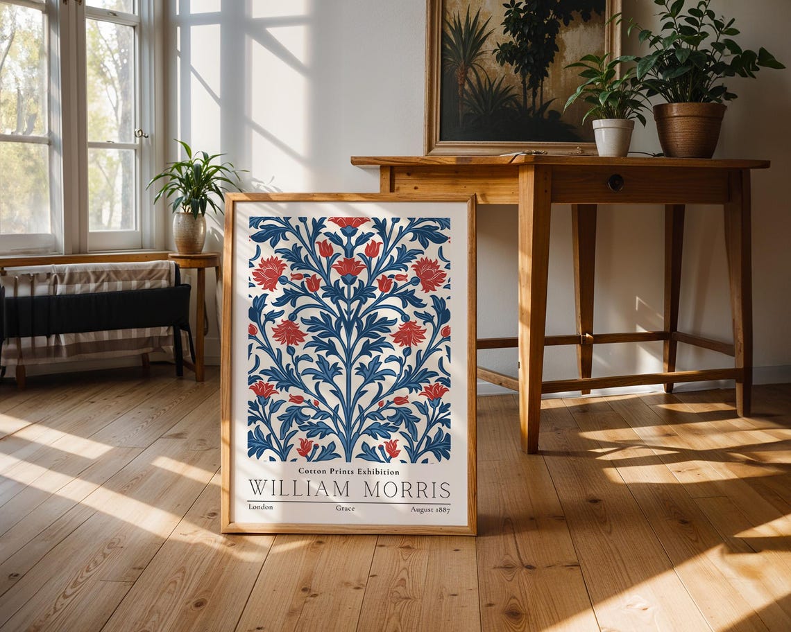 William Morris Grace Red Floral Vintage Cotton Exhibition Poster - Image 3