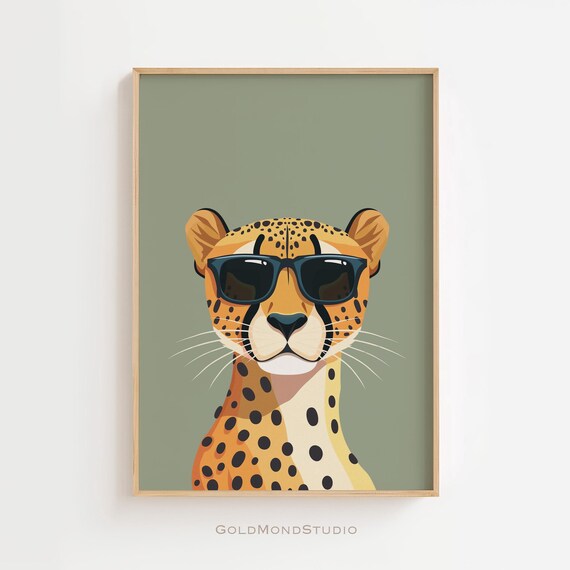 Cool Cheetah Wearing Black Sunglasses on a Sage Green Background Poster