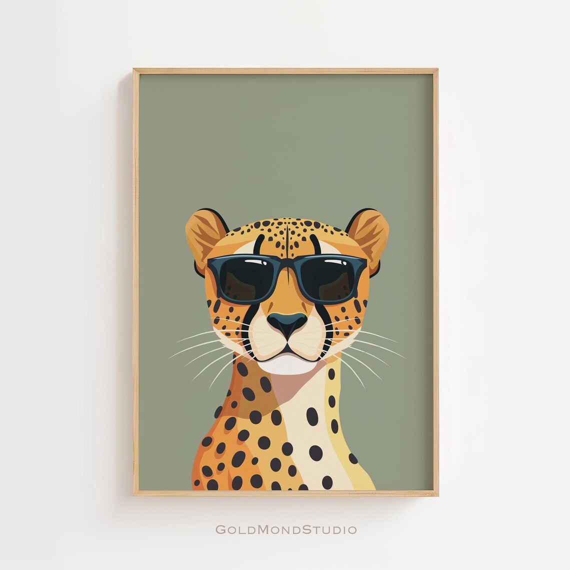 Cool Cheetah Wearing Black Sunglasses on a Sage Green Background Poster