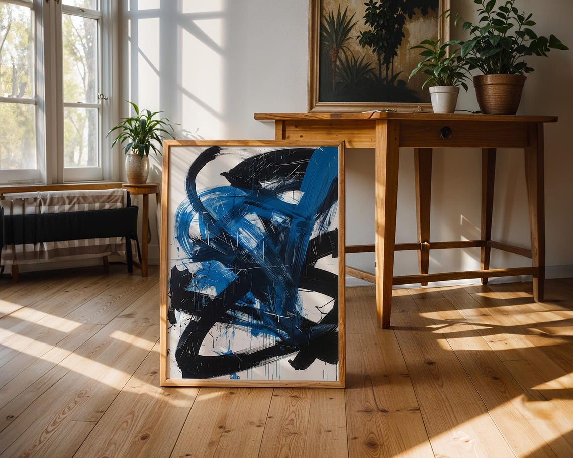 Expressive Cobalt Blue and Black Abstract Brushwork Art Poster - Image 3