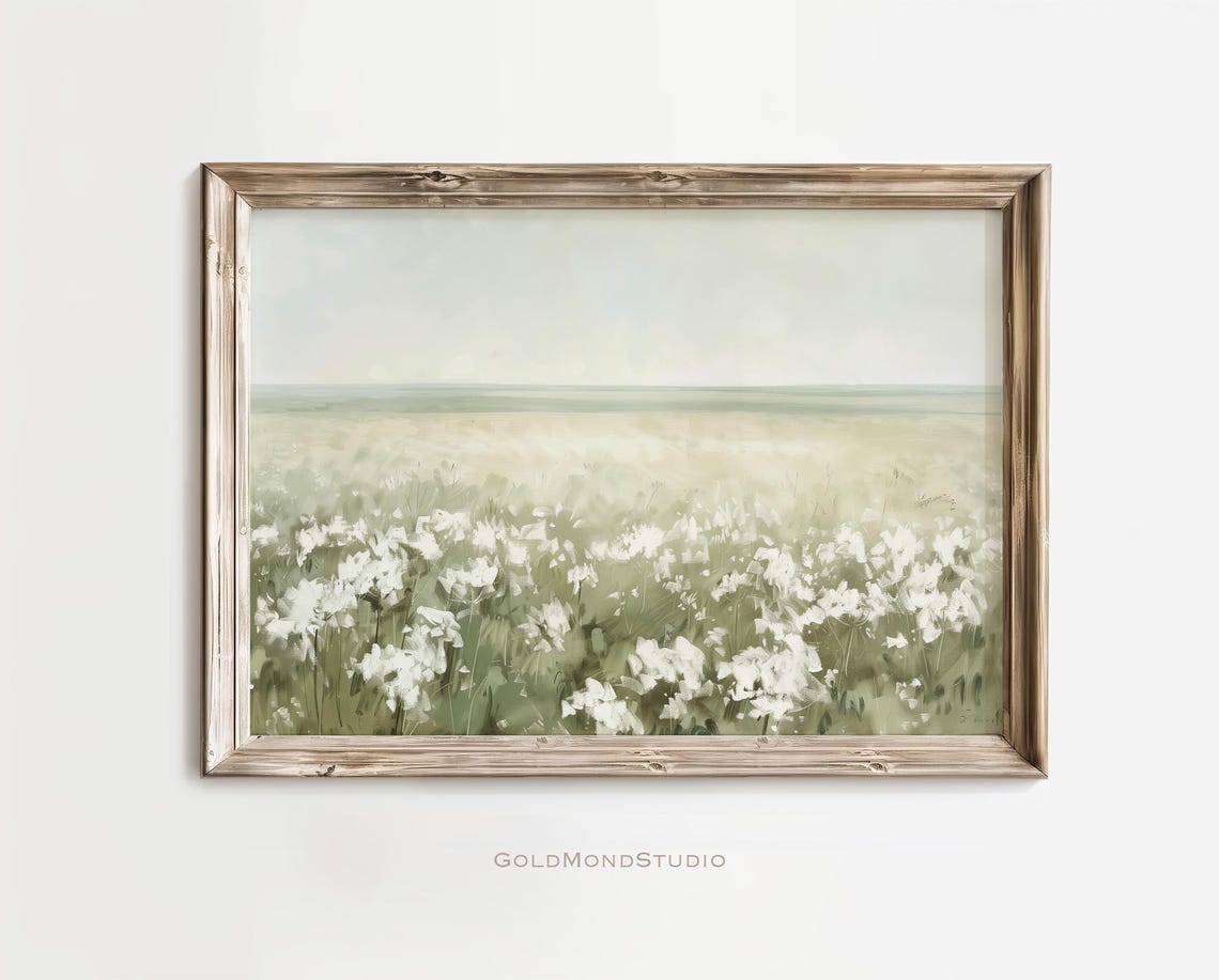 Endless White Wildflower Meadow Under Pale Sky Painting Poster