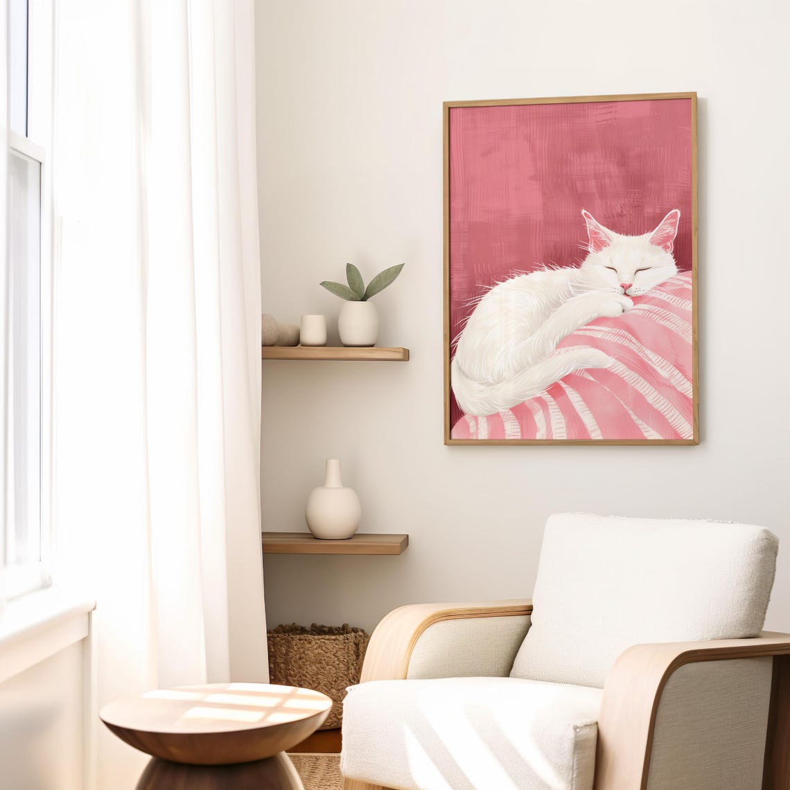 Sleeping White Cat Curled On Pink Striped Pillow Decor Poster - Image 3